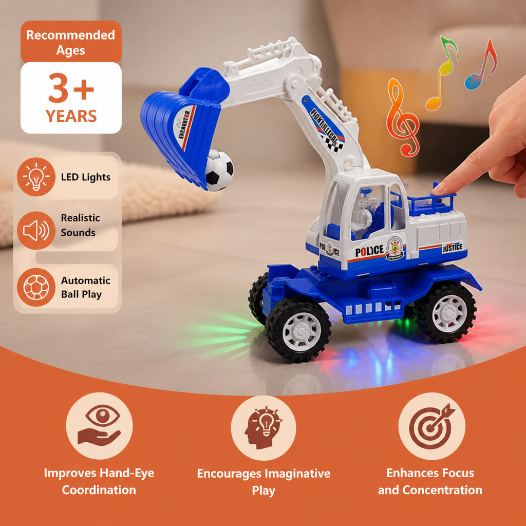 Musical Excavator Toy with Automatic Soccer Ball Scooping & LED Lights
