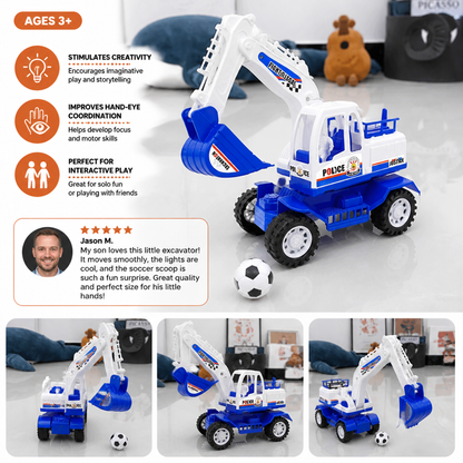 Musical Excavator Toy with Automatic Soccer Ball Scooping & LED Lights