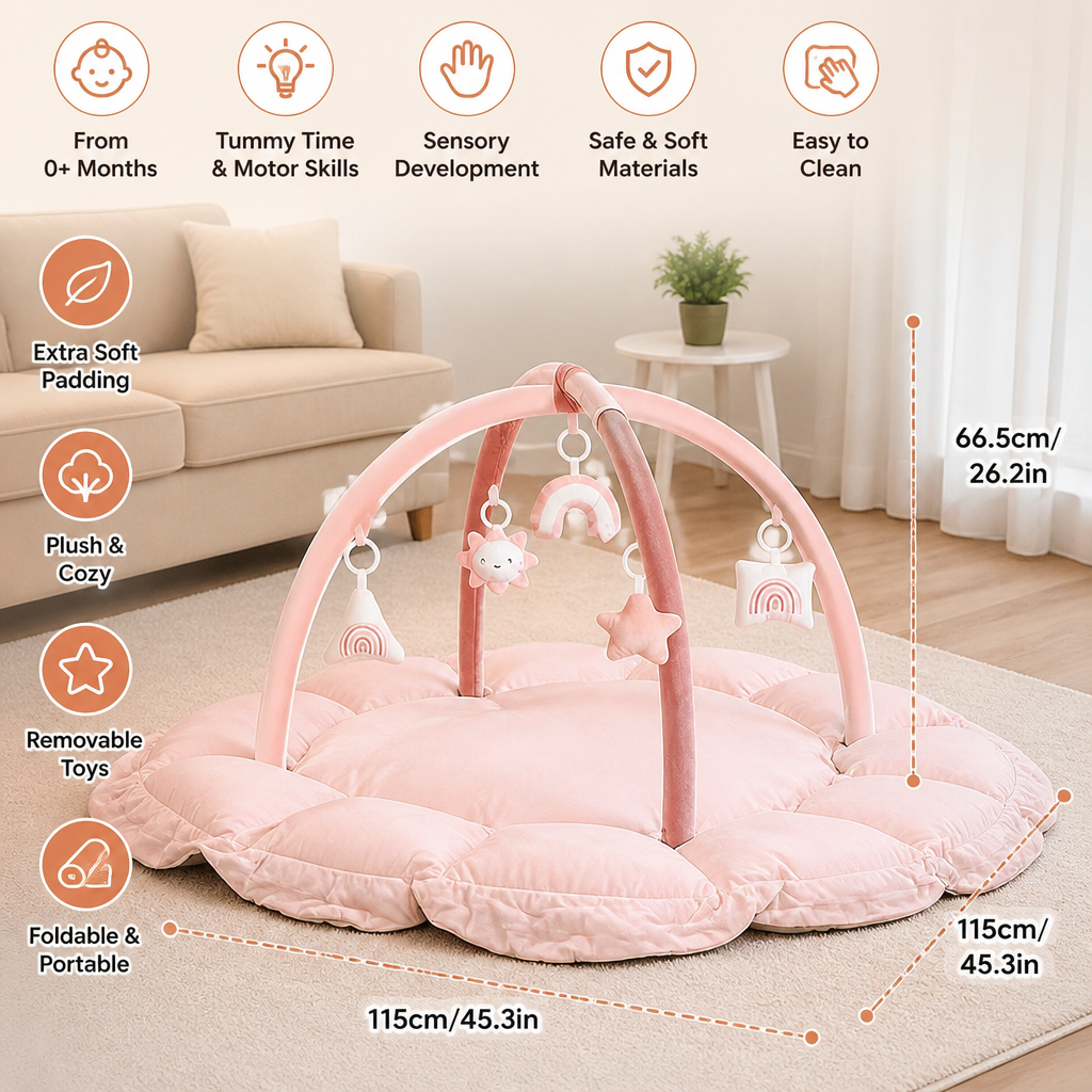 5-in-1 Plush Baby Play Gym, Activity Mat & Bed with Hanging Toys