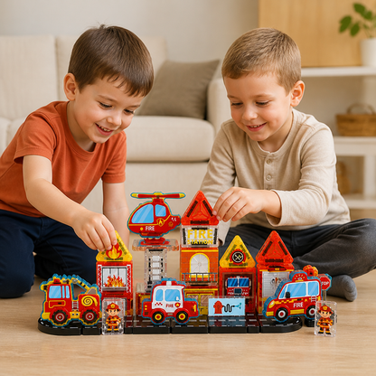 40-Piece Magnetic Travel Building Set with Construction, Fire Truck & Police Vehicles