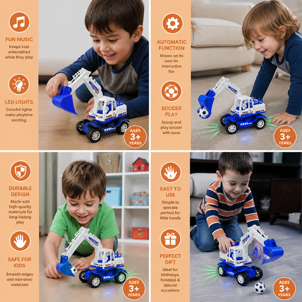 Musical Excavator Toy with Automatic Soccer Ball Scooping & LED Lights