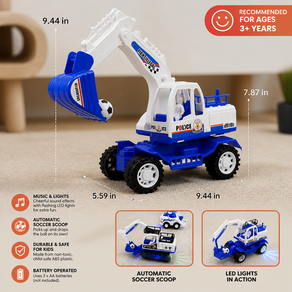 Musical Excavator Toy with Automatic Soccer Ball Scooping & LED Lights