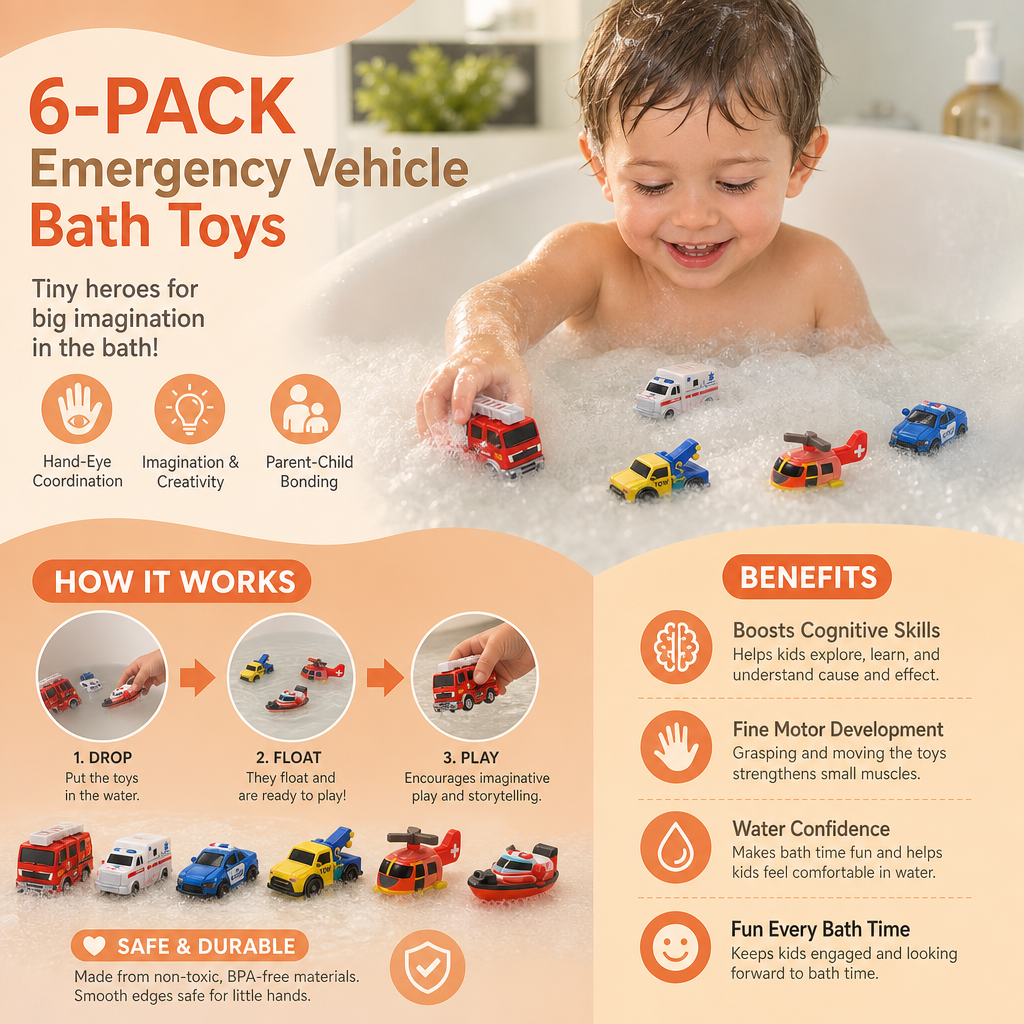 6-Pack Color-Changing Emergency Vehicle Bath Toys for Babies & Toddlers