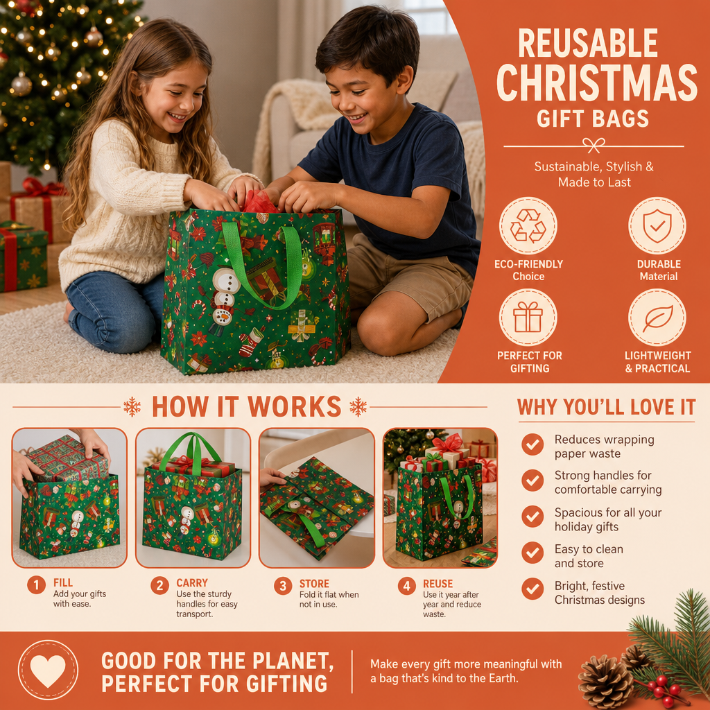 Reusable Christmas Gift Bags with Handles – Various Festive Designs