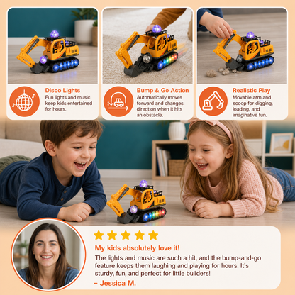 Electric Excavator Toy with Disco Ball, Music & Bump-and-Go Action