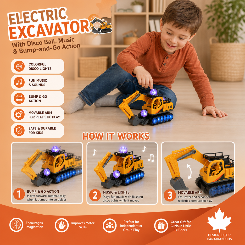 Electric Excavator Toy with Disco Ball, Music & Bump-and-Go Action