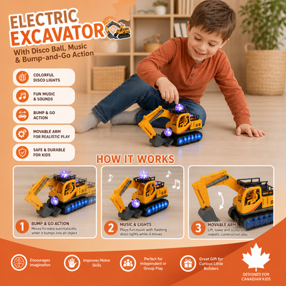 Electric Excavator Toy with Disco Ball, Music & Bump-and-Go Action