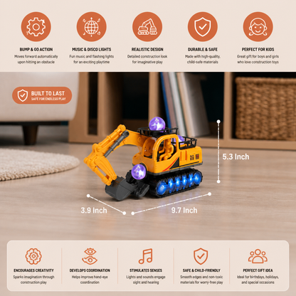 Electric Excavator Toy with Disco Ball, Music & Bump-and-Go Action