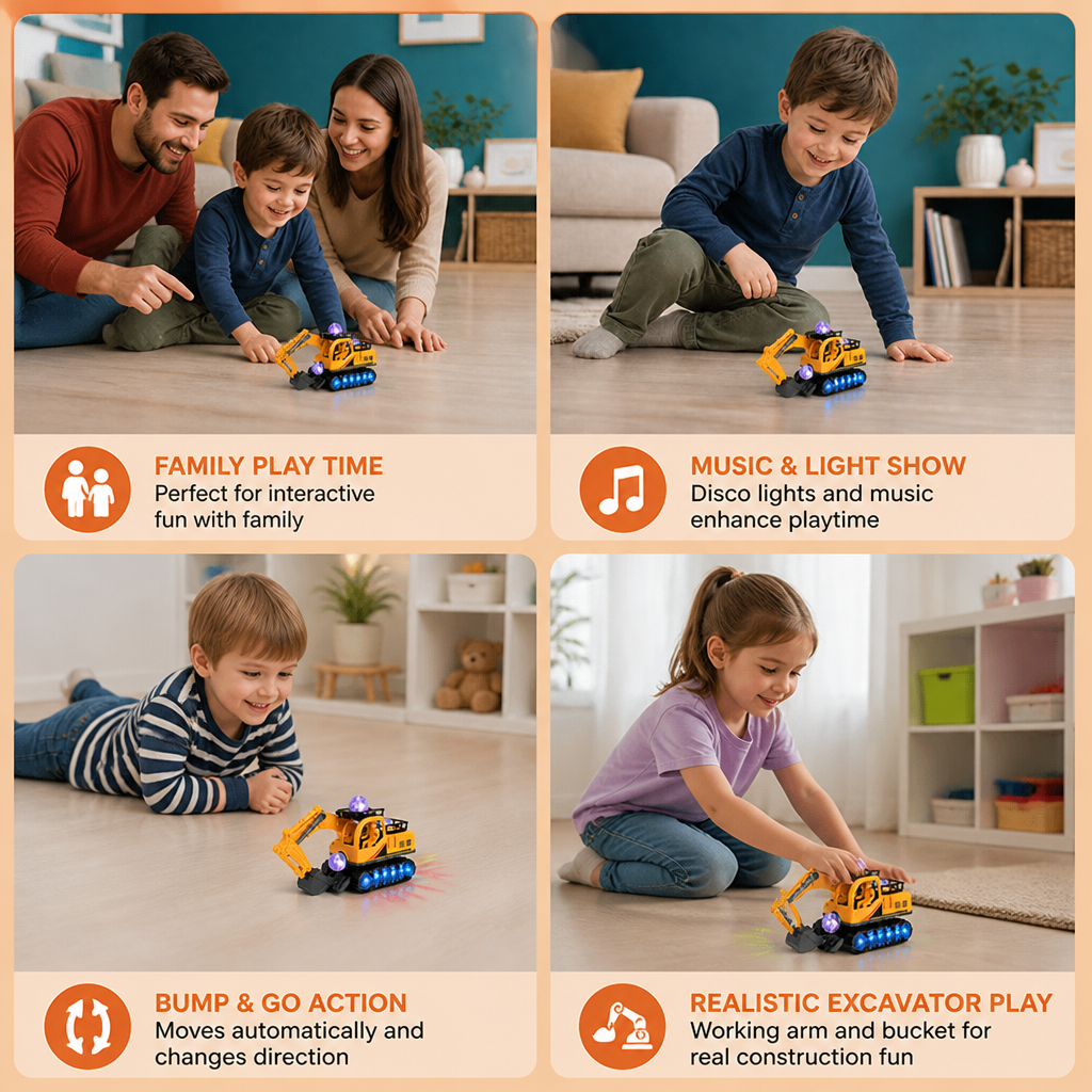 Electric Excavator Toy with Disco Ball, Music & Bump-and-Go Action