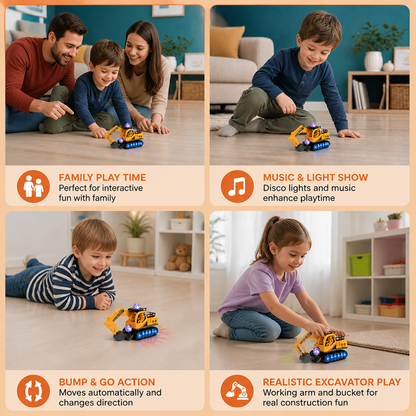 Electric Excavator Toy with Disco Ball, Music & Bump-and-Go Action