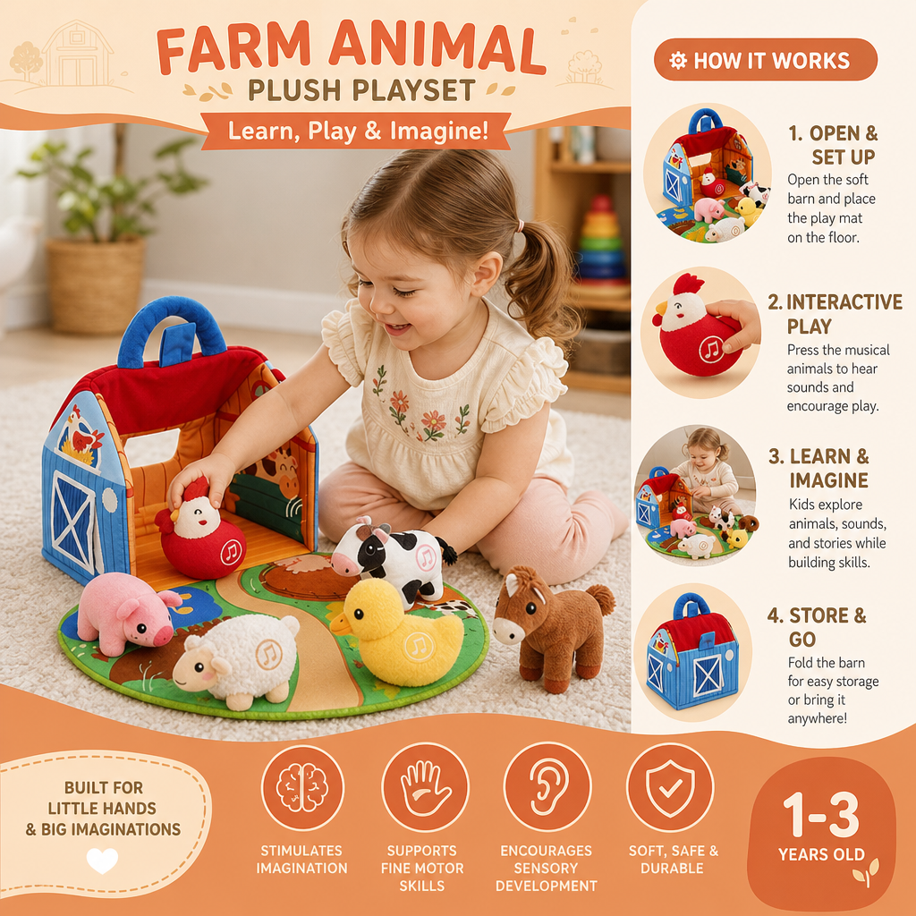 Farm Animal Plush Playset – Interactive Learning Toy with Portable Playhouse