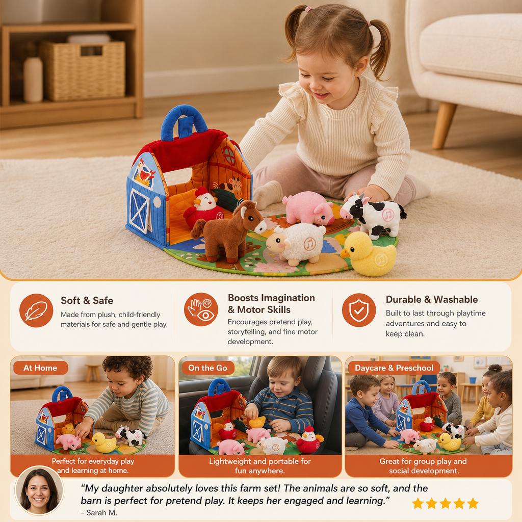 Farm Animal Plush Playset – Interactive Learning Toy with Portable Playhouse