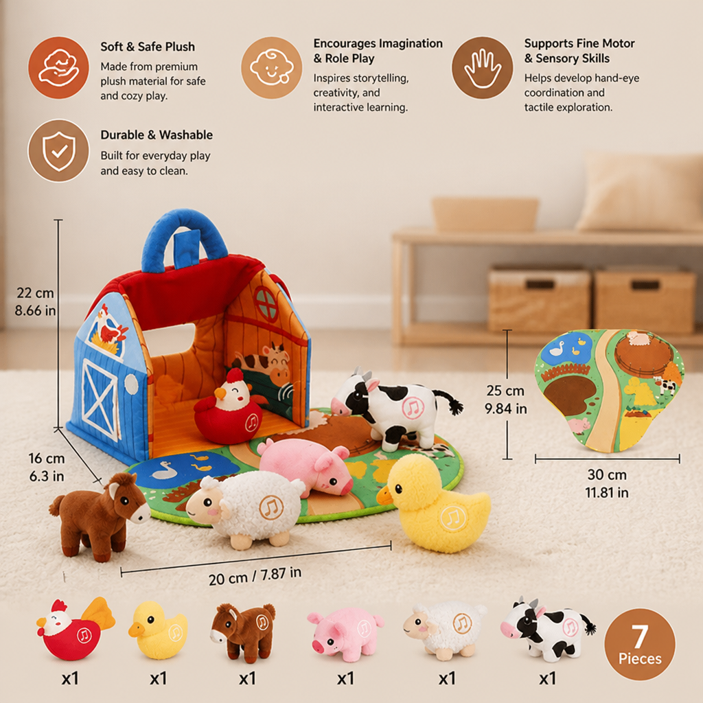 Farm Animal Plush Playset – Interactive Learning Toy with Portable Playhouse