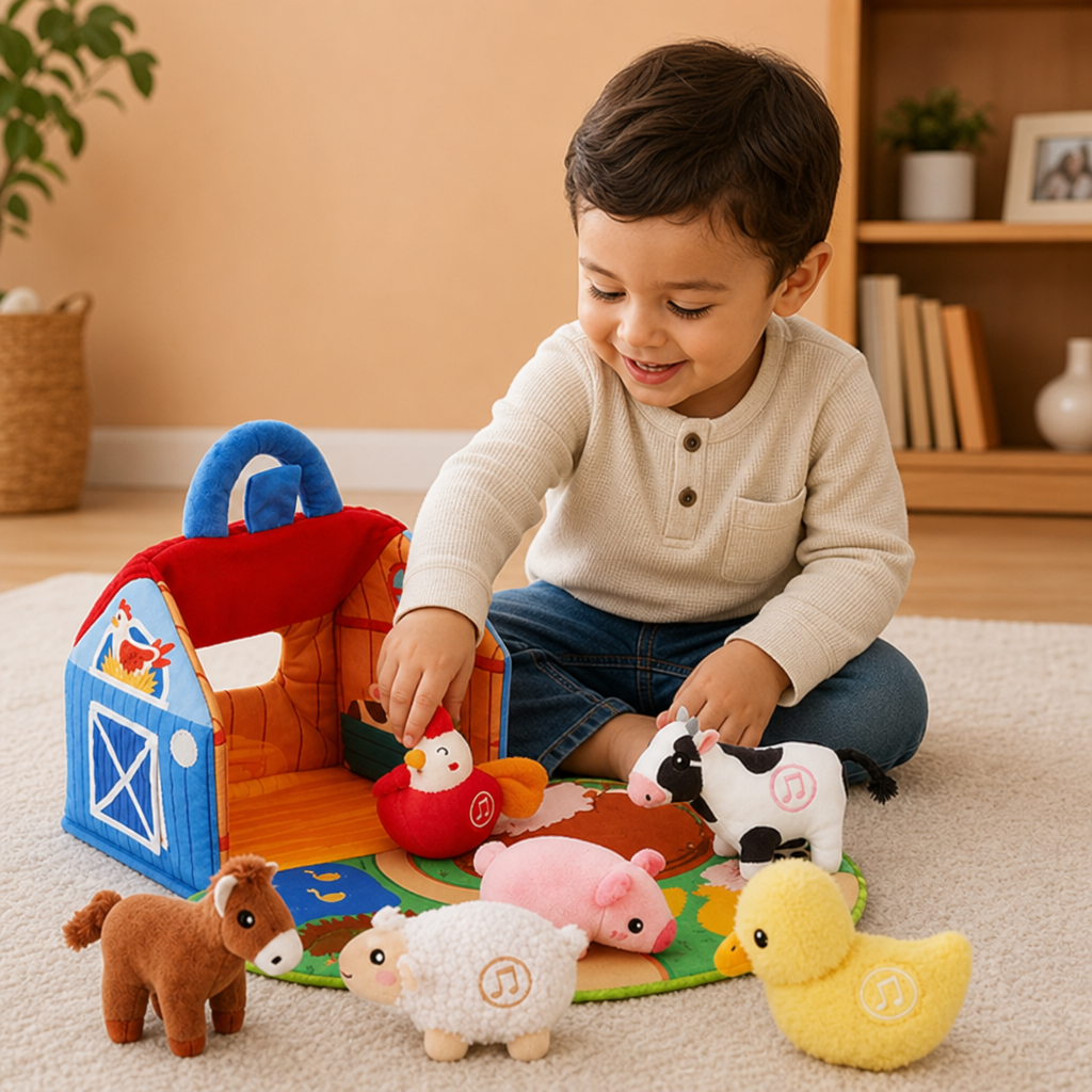 Farm Animal Plush Playset – Interactive Learning Toy with Portable Playhouse