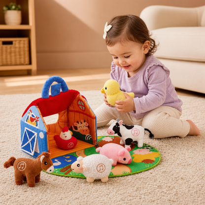 Farm Animal Plush Playset – Interactive Learning Toy with Portable Playhouse