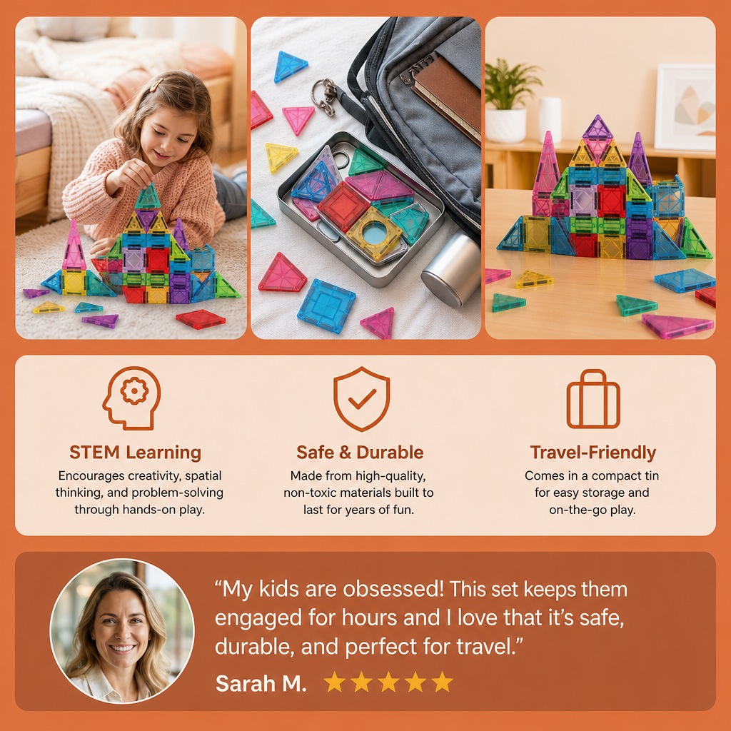 Magnetic Building Blocks Set for Kids – Travel-Friendly Storage Tin