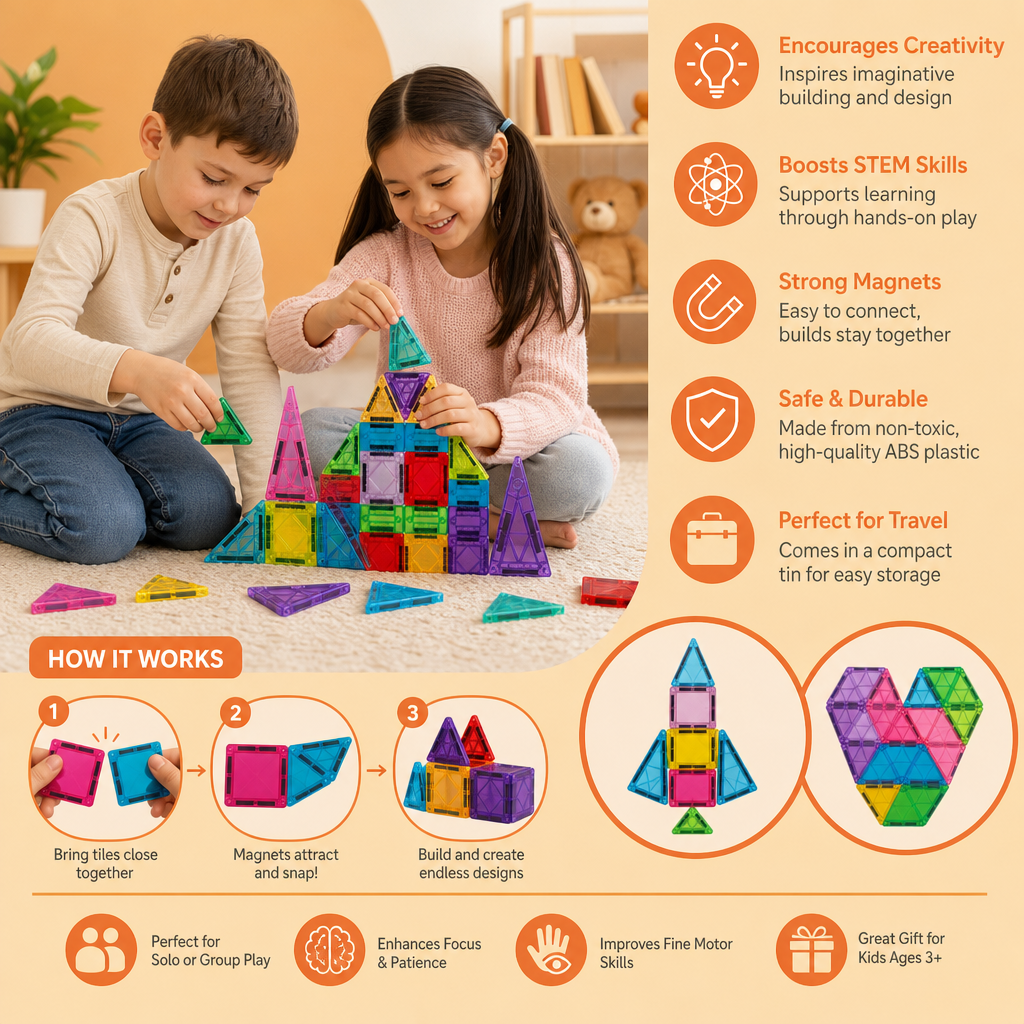 Magnetic Building Blocks Set for Kids – Travel-Friendly Storage Tin
