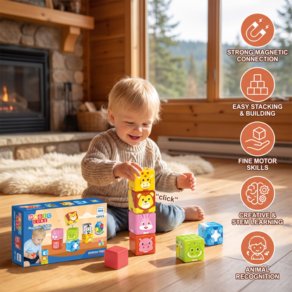 Toddler-Safe 4.2 cm Safari Animal Magnetic Building Cubes – STEM Learning Blocks
