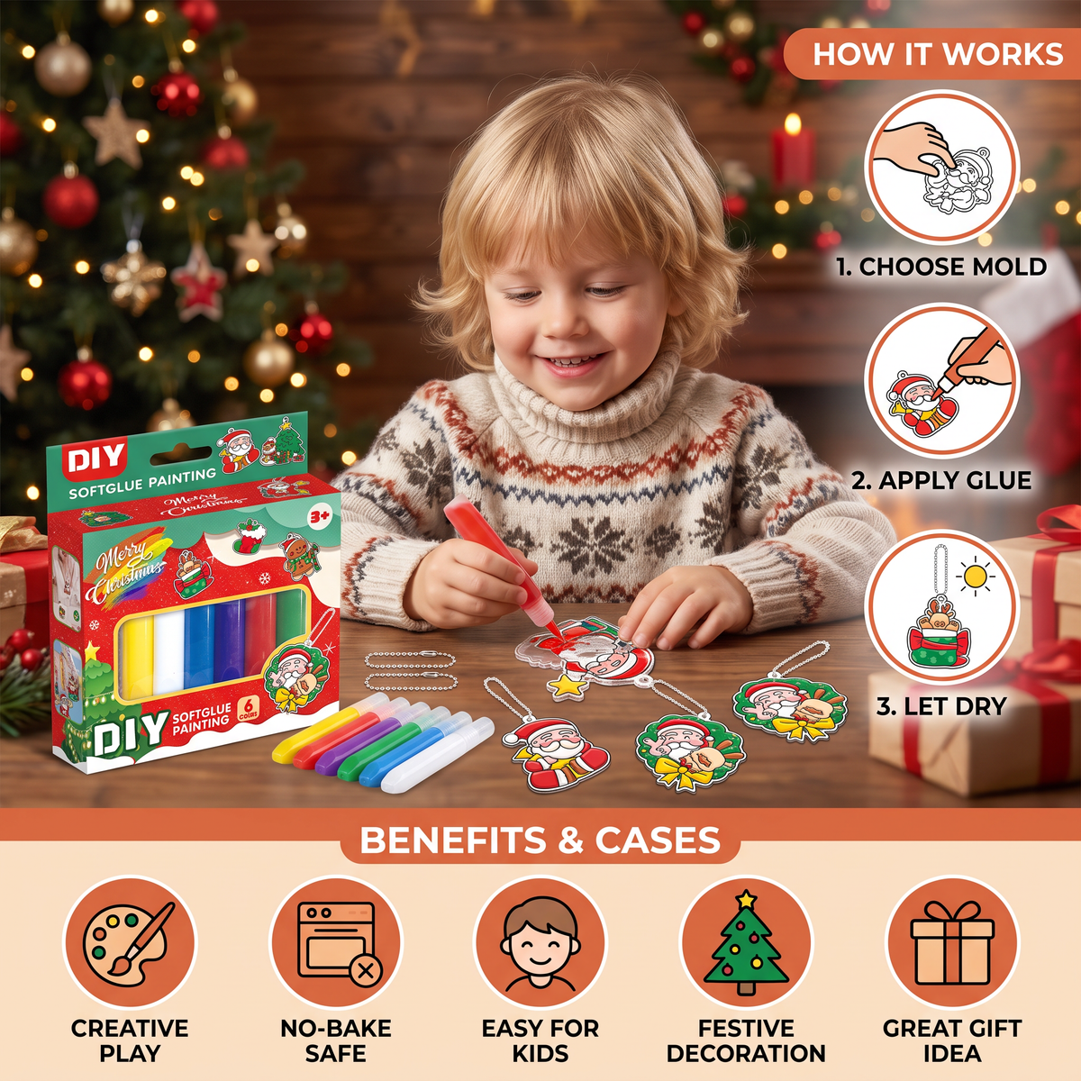 DIY Christmas No-Bake Glue Painting Ornament Craft Kit for Kids