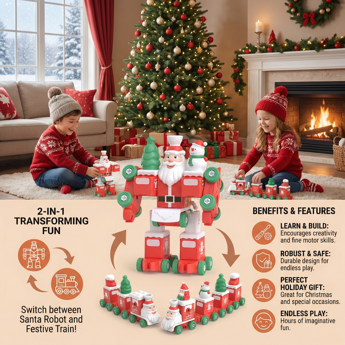 2-in-1 Transforming Christmas Train and Santa Claus Robot