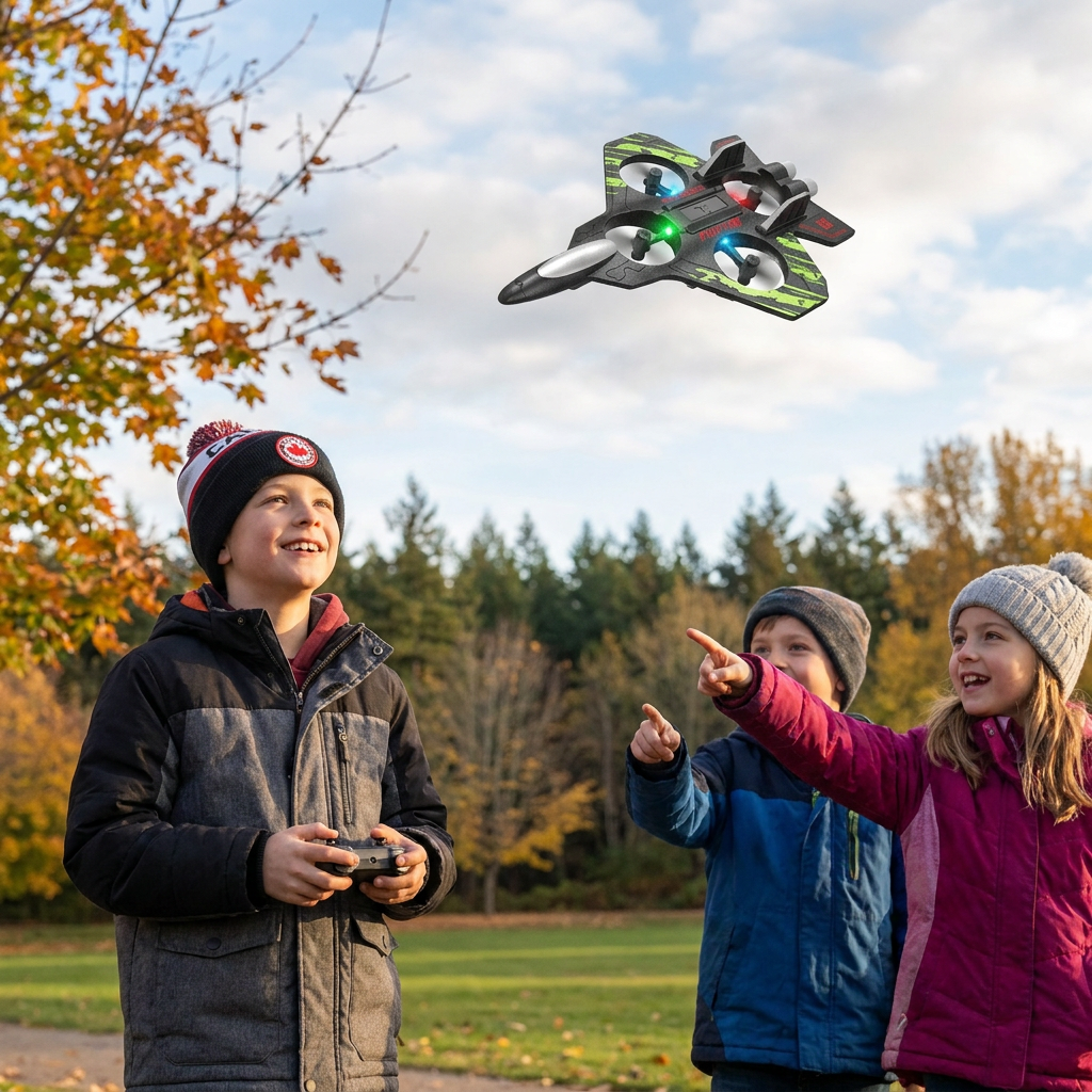 Durable Foam RC Fighter Jet Drone for Indoor & Outdoor Flying – 360° Flips & LED Lights