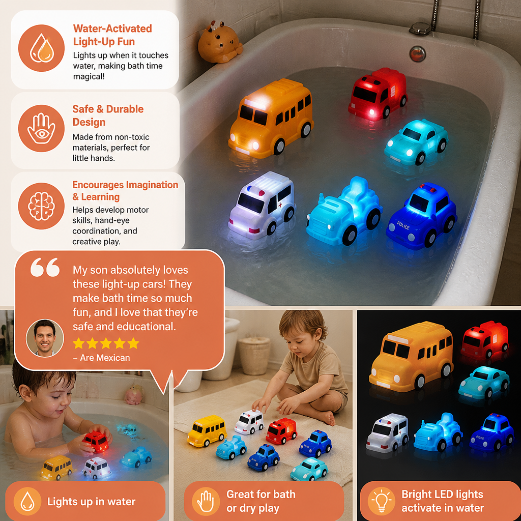 Light-Up Bath Toy Car Set – Water-Activated Baby Bath Toys