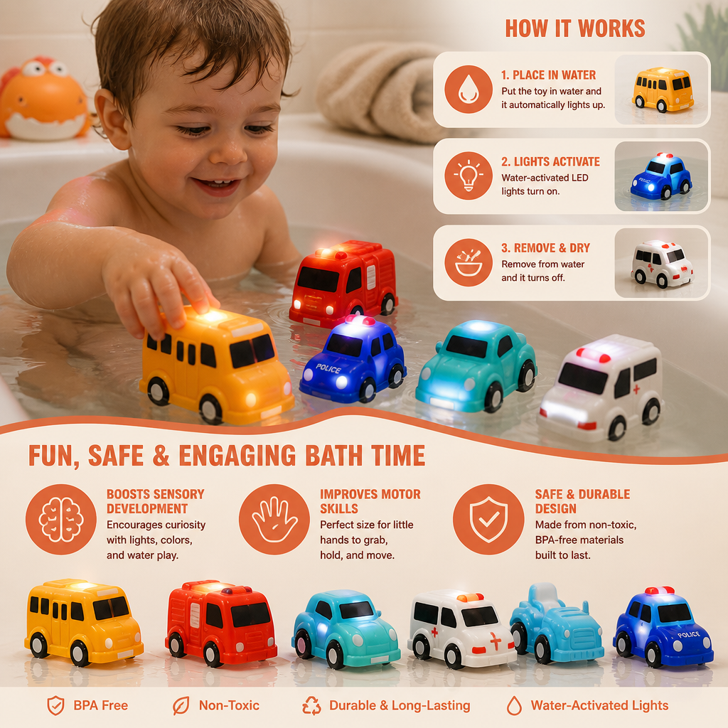 Light-Up Bath Toy Car Set – Water-Activated Baby Bath Toys