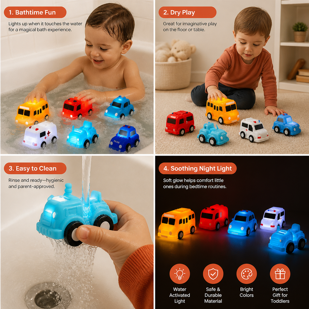 Light-Up Bath Toy Car Set – Water-Activated Baby Bath Toys