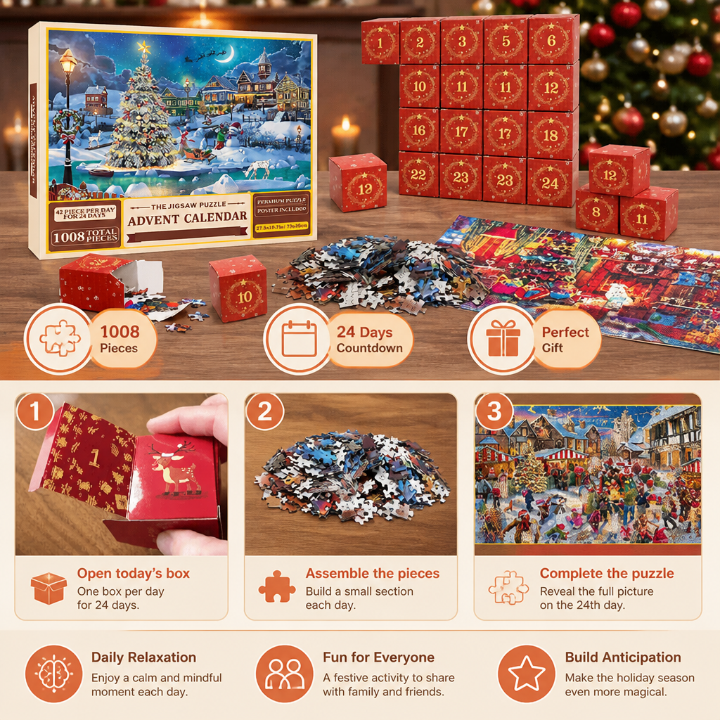 Christmas Jigsaw Puzzle Advent Calendar – 1008-Piece 24-Day Countdown Puzzle Set