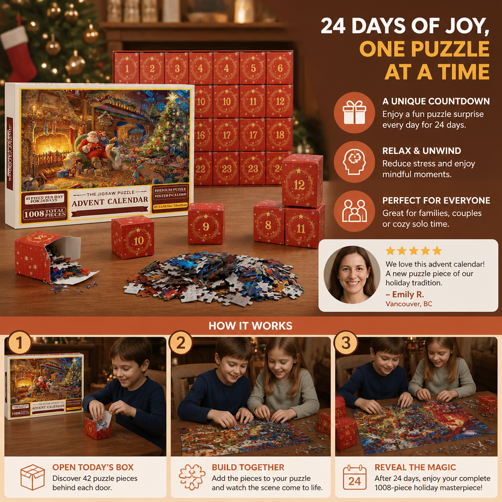 Christmas Jigsaw Puzzle Advent Calendar – 1008-Piece 24-Day Countdown Puzzle Set