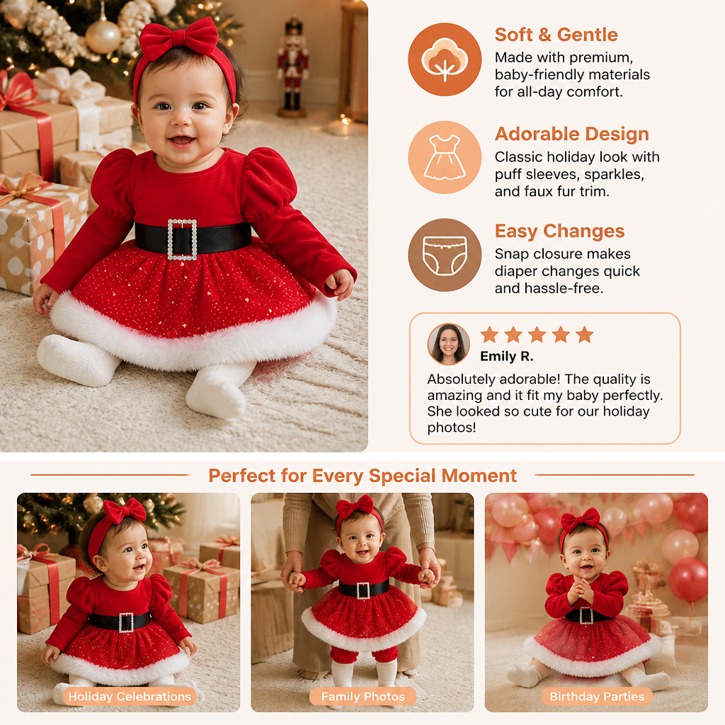 Baby Girl’s My First Christmas Long-Sleeve Romper Dress