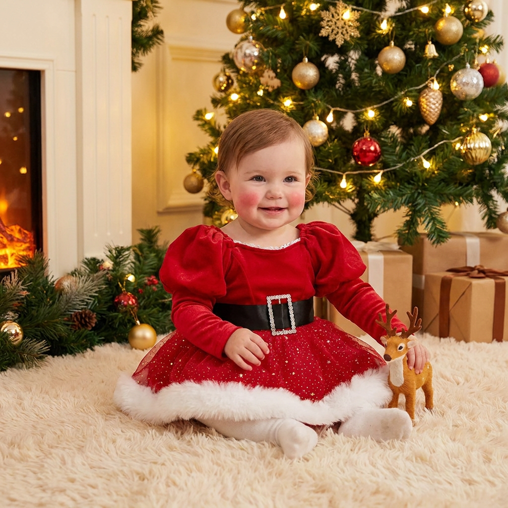 Baby Girl’s My First Christmas Long-Sleeve Romper Dress
