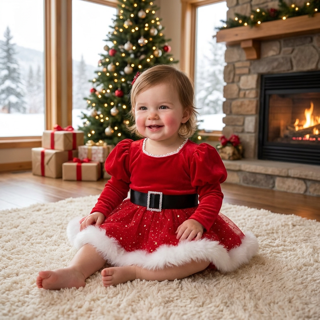 Baby Girl’s My First Christmas Long-Sleeve Romper Dress