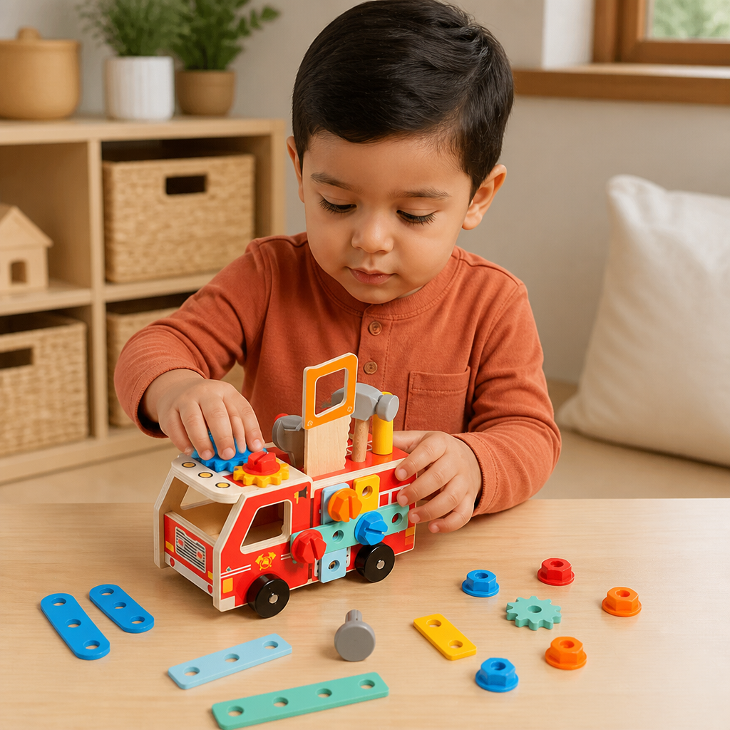 Montessori Wooden Firefighter Tool Box & Building Set