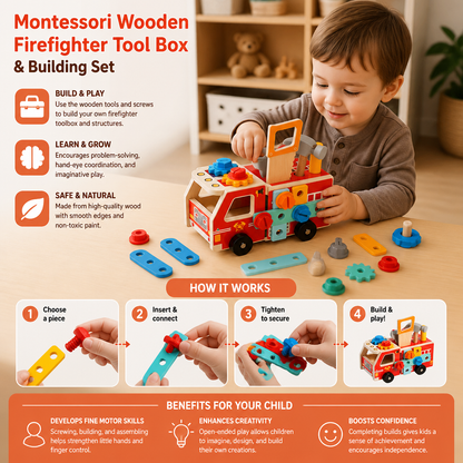 Montessori Wooden Firefighter Tool Box & Building Set