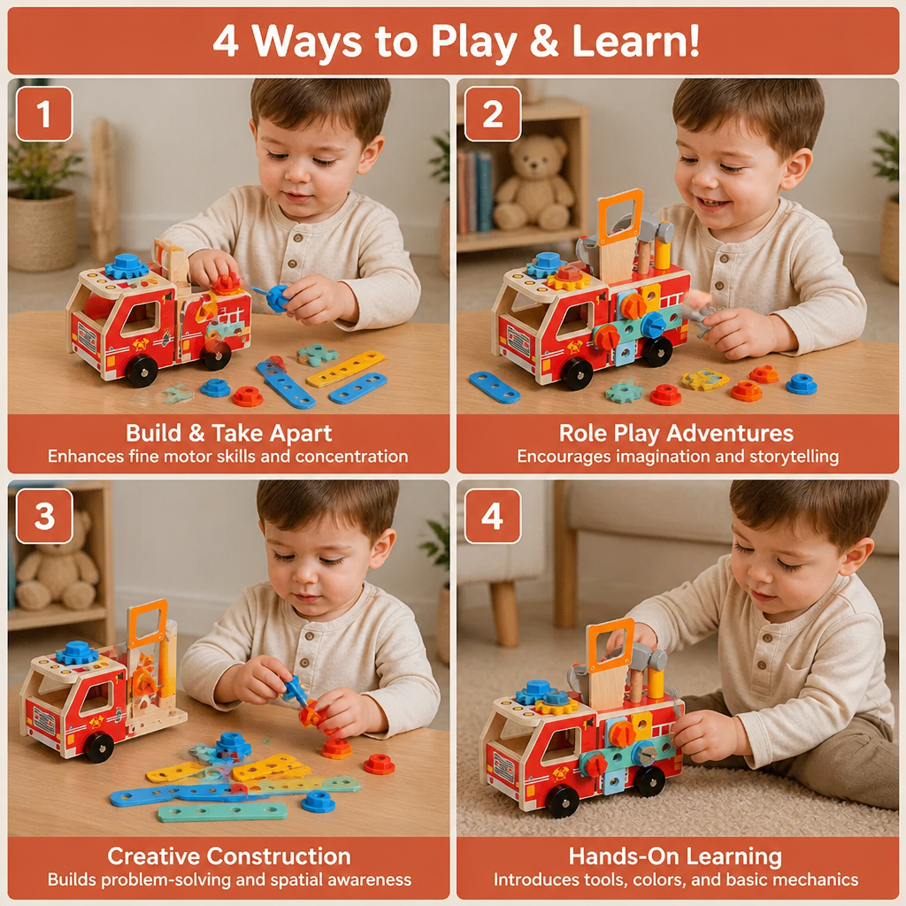 Montessori Wooden Firefighter Tool Box & Building Set