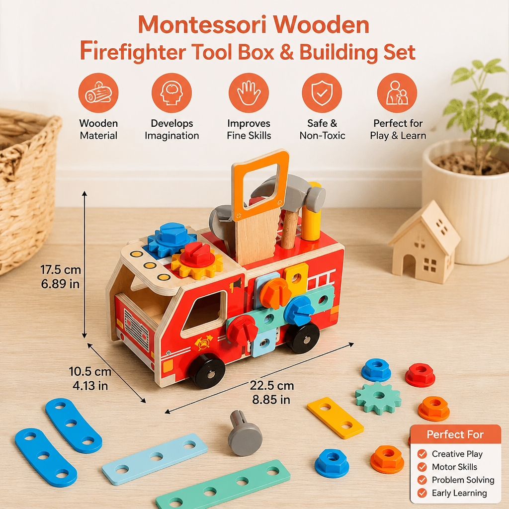 Montessori Wooden Firefighter Tool Box & Building Set