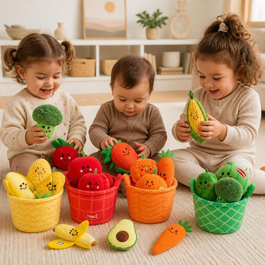 Soft Fruit & Vegetable Learning Toy for Babies – 4-Pack Color Sorting Set with Rattle and Crinkle Effect