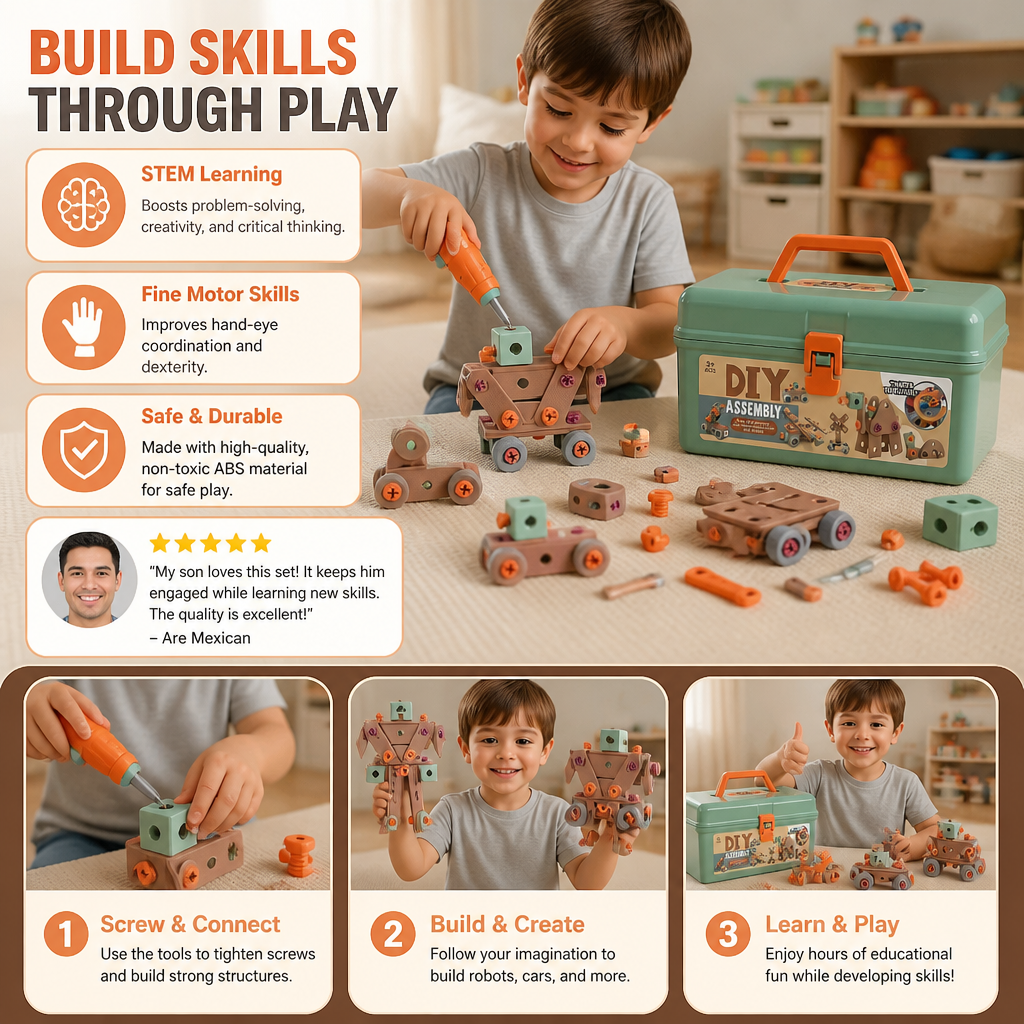 144-Piece Kids Tool Set with Drill & Toolbox – STEM Montessori Construction Kit
