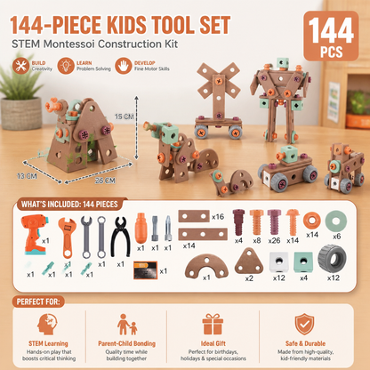 144-Piece Kids Tool Set with Drill & Toolbox – STEM Montessori Construction Kit