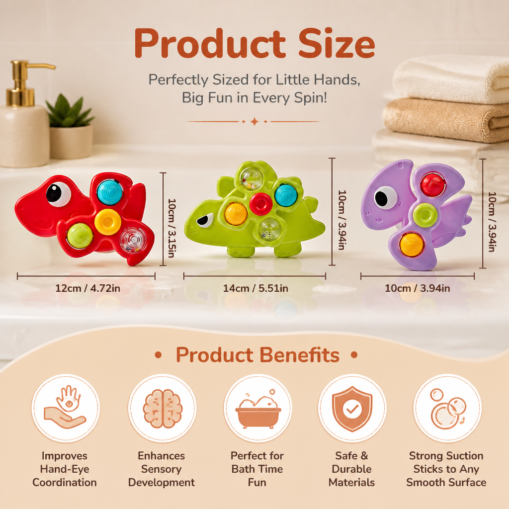 Dinosaur Suction Cup Spinner Toy for Babies & Toddlers Set of 3