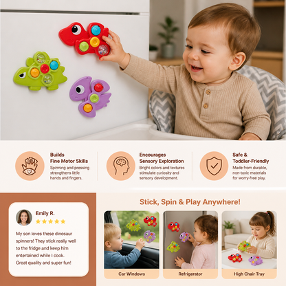 Dinosaur Suction Cup Spinner Toy for Babies & Toddlers Set of 3