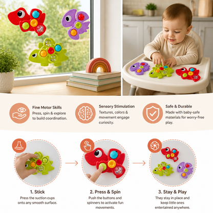 Dinosaur Suction Cup Spinner Toy for Babies & Toddlers Set of 3