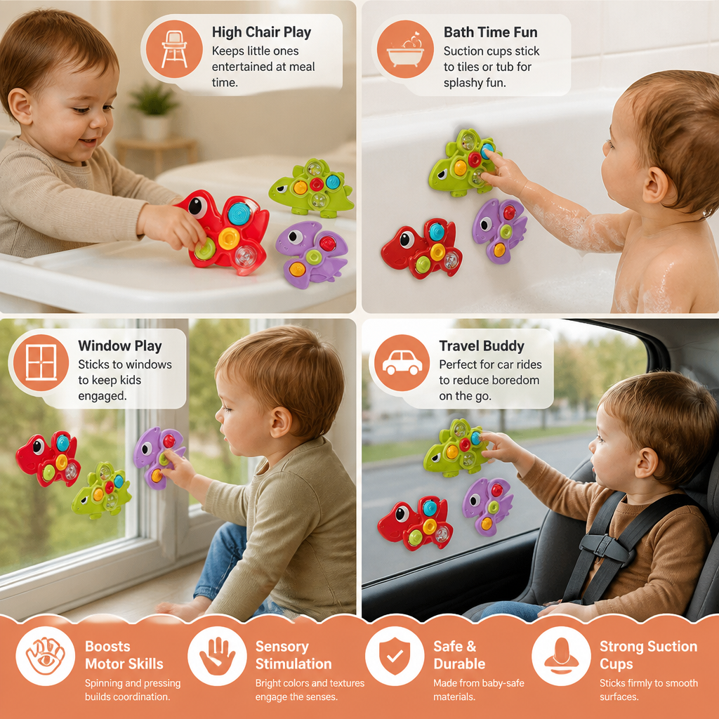 Dinosaur Suction Cup Spinner Toy for Babies & Toddlers Set of 3