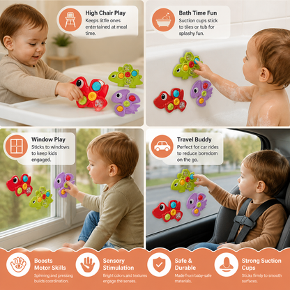 Dinosaur Suction Cup Spinner Toy for Babies & Toddlers Set of 3