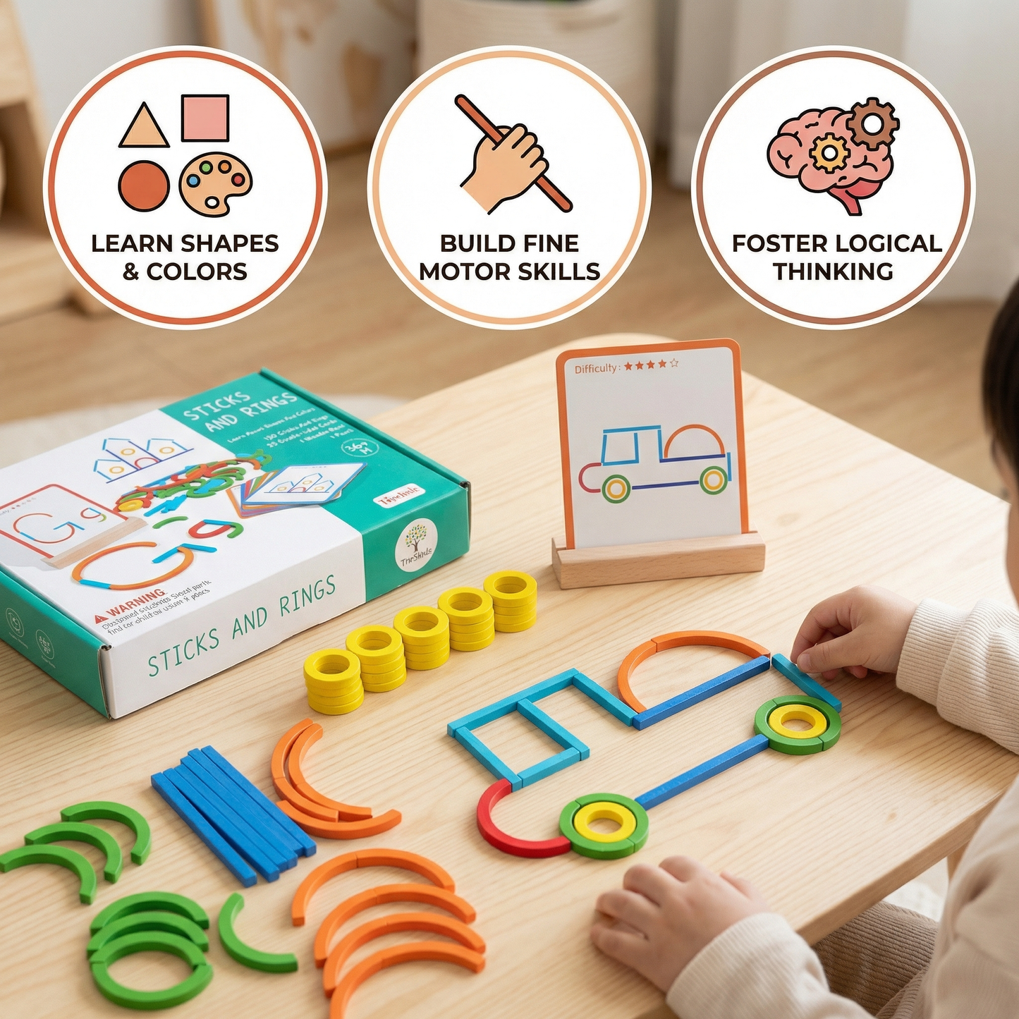 Educational Montessori Sticks and Rings Puzzle Blocks