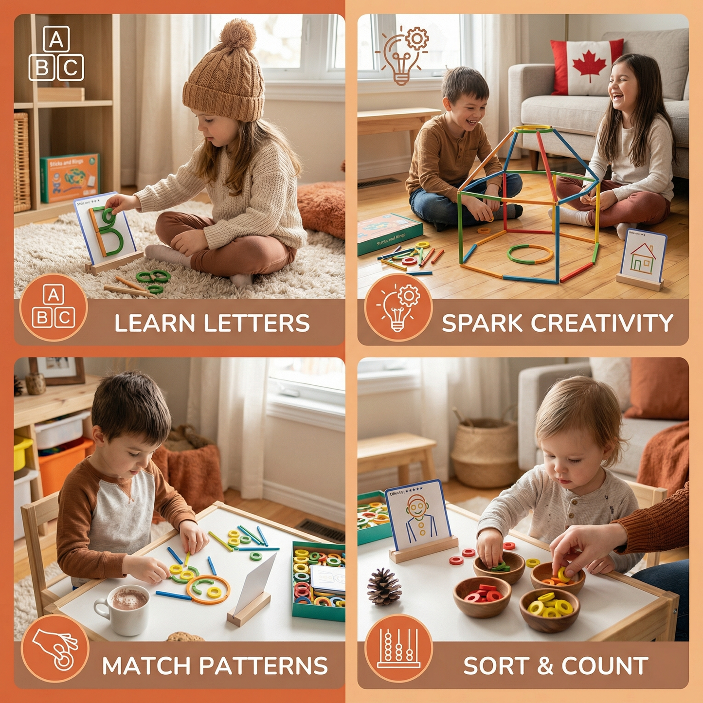 Educational Montessori Sticks and Rings Puzzle Blocks