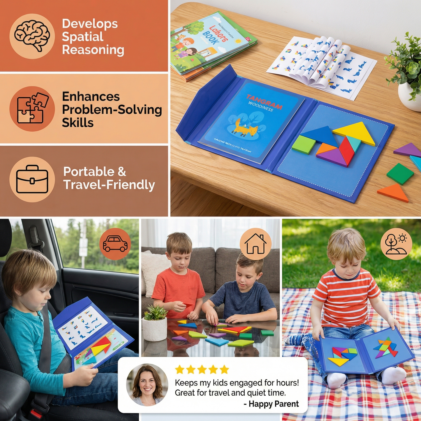 Portable Montessori Wooden Magnetic Tangram Puzzle Book Learning Toy