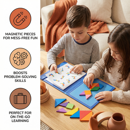 Portable Montessori Wooden Magnetic Tangram Puzzle Book Learning Toy
