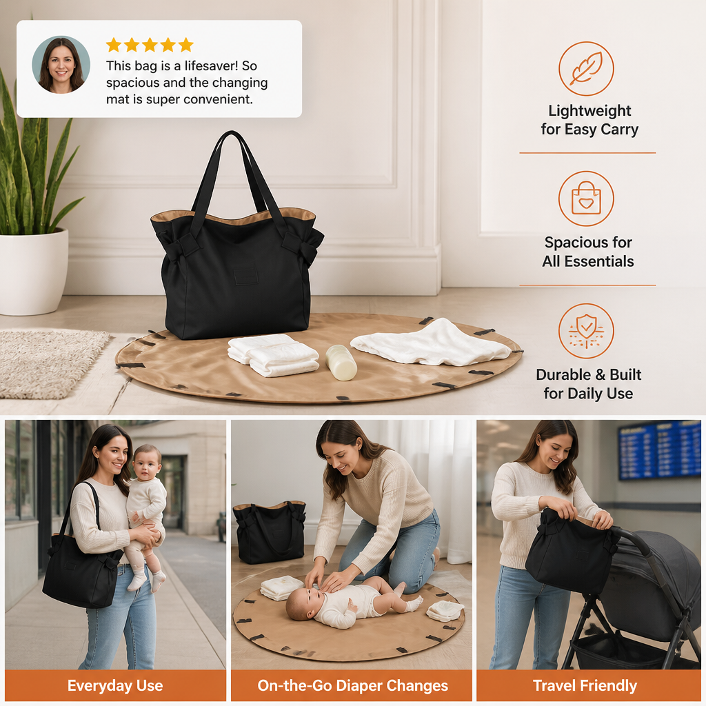 2-in-1 Folding Diaper Bag & Changing Mat – Lightweight & Spacious Travel Tote for Moms
